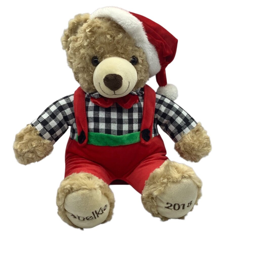 BELKIE Joyland Teddy Bear 2018 Plush Overalls Santa Hat Red Belk Holiday 17"